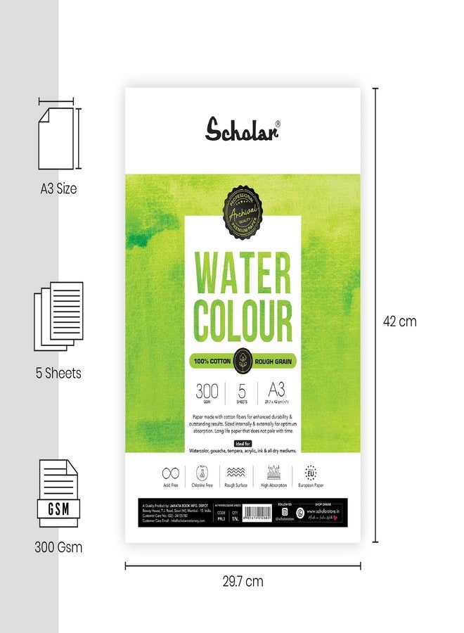 Scholar 100% Cotton Watercolor Paper - 300 GSM Rough Textured Artist Paper | Premium Professional Watercolour Sheets for Washes, Layering & Fine Art Painting (5 Loose Sheets) (A3) - Image 2